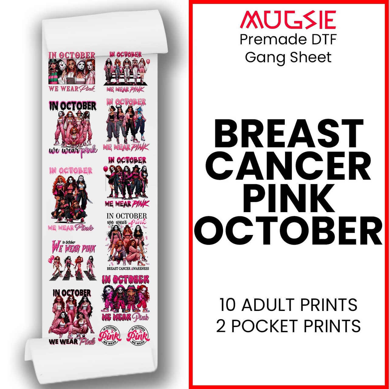 Pink October Halloween Breast Cancer DTF Transfer 22x60 Direct-to-Film Gang Sheets Iron On Transfers - 10 Adult Prints And 2 Pocket Pints